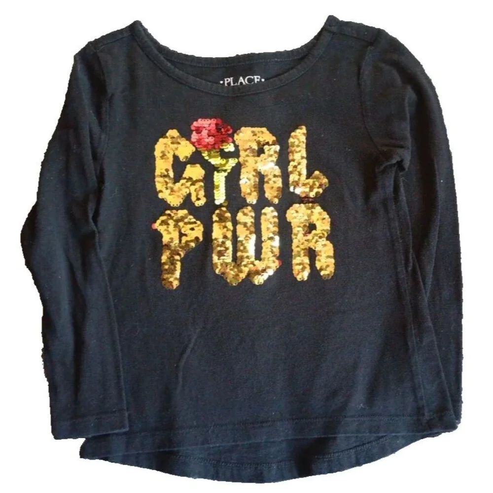 Childrens Place Shirt Size 4T Girls Black Flip Sequence Girl Pwr Long Sleeve